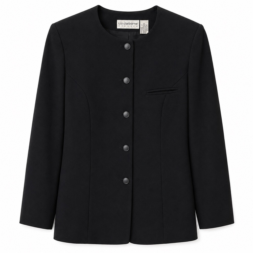 Liz Claiborne Vintage Black Collarless Blazer Button Front Jacket Size 12